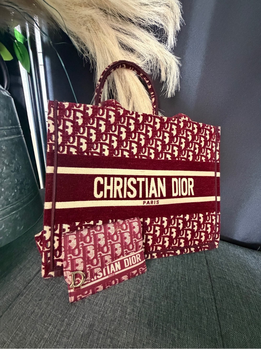 Dior Burgundy and Cream Christian Dior Book Tote with Matching Wallet - Picture 2 of 3